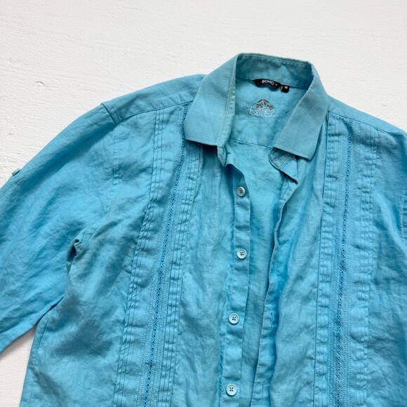 Bohio Blue Linen Button Up Pleated Embroidered Shirt, Size Medium - Picture 2 of 8